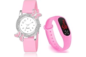 Goldenize fashion Pink Butterfly Analogue and Rectangular Digital Dial LED Display Watch for Girl's & Women's Watches Combo P