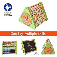 Shumee 5-in-1 Wooden Activity Triangle for Kids (2+ Year olds) - Learning Toy with Abacus, Chalkboard, Alphabet Blocks, Clock & Gears