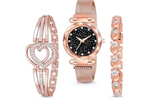 MARCLEX Branded Analogue Diamond Studded Black Dial Magnet Watch with Gift Bracelet for Women or Girls and Watch for Girl or