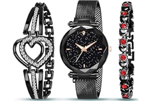 Styledose Branded Analogue Black Dial Magnet Watch with Gift Bracelet for Women or Girls and Watch for Girl or Women (Combo o