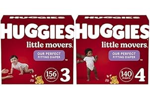 Baby Diapers Bundle: Huggies Little Movers Diapers Size 3 (16-28 lbs), 156ct & Size 4 (22-37 lbs), 140ct