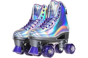 JajaHoho Roller Skates for Women, Holographic High Top PU Leather Rollerskates, Shiny Double-Row Four Wheels Quad Skates for 