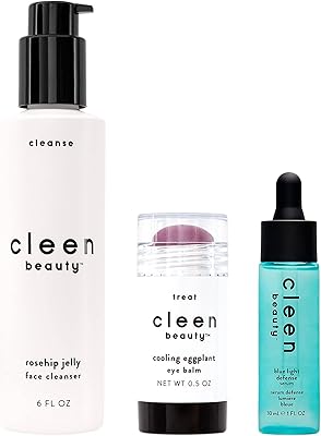 Cleen Beauty Everyday Skincare 3-Piece Set | Rosehip Jelly Face Cleanser, Cooling Eggplant Eye Balm, & Blue Light Defense ...